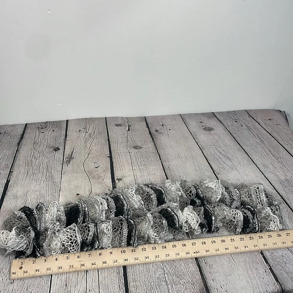 SCARF Crocheted Ruffle Scarf White, Gray & Silver Shimmery